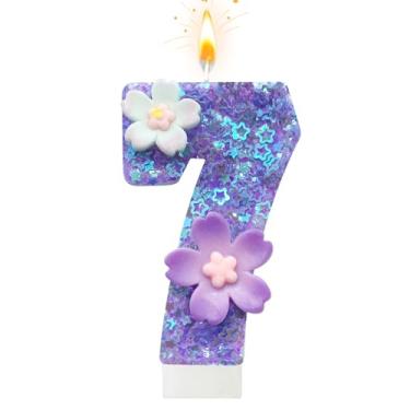 Imagem de Vela de aniversário de flor roxa, número 7 velas de aniversário para bolo, 7 velas para primeiro aniversário, decoração de bolo, aniversário de casamento e outras celebrações (roxo 7)
