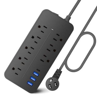 Imagem de Painel de Tomadas com Proteção contra Surtos Plug Power Strip SobreCarga Carcaça Incombustível Certificado ETL 1700J 8 Espaçamento Amplio 3 Portas USB e 1 Tipo-C Plugue Fio Extensão 5 Pés Montável na