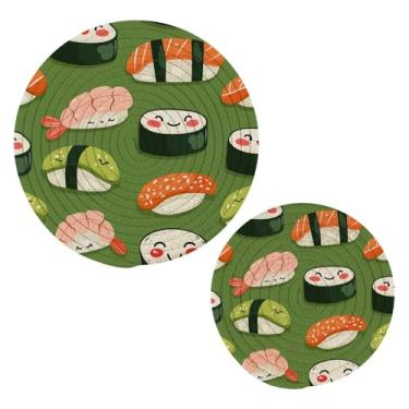 Imagem de Wassud Kawaii Conjunto de trivet padrão de sushi para pratos quentes, suportes redondos de algodão, almofadas quentes, porta-copos elegantes, decoração de cozinha e acessórios, 2 peças