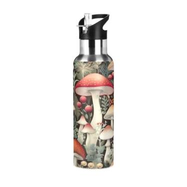 Imagem de Wassud Garrafa de água esportiva de aço inoxidável com cogumelos e vegetação, garrafas de água isoladas com palha, copo portátil para viagem, 946 ml