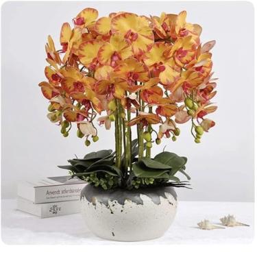 Imagem de YYBOES Orquídeas grandes artificiais 12 hastes Phalaenopsis flores artificiais com vaso de cerâmica flor artificial 50 cm * 55 cm vaso falso