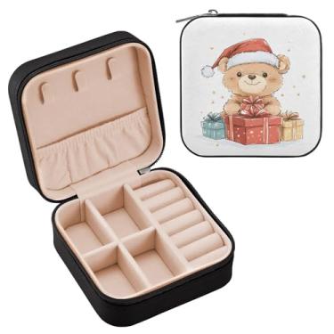 Imagem de Wassud Estojo de joias de viagem de Natal fofo de urso para mulheres, meninas, senhoras, noiva, mini organizador de joias de couro PU, caixa quadrada de armazenamento de joias para brincos, anéis