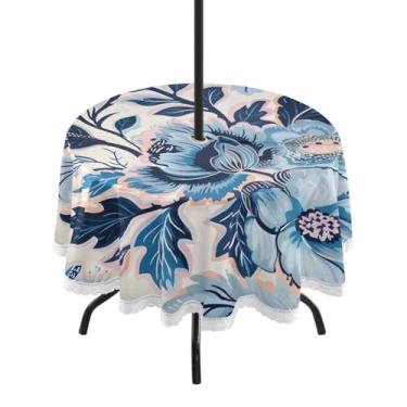Imagem de CEBUGI Toalha de mesa redonda para uso externo, estampa floral, impermeável, com furo Umberlla, capa de mesa lavável para pátio, cozinha, sala de jantar, 152 cm