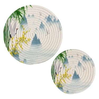 Imagem de Wassud Conjunto de guindastes de tripé com tripé de bambu para pratos quentes, suportes redondos de panela, almofadas quentes de algodão, porta-copos resistentes ao calor para decoração de cozinha