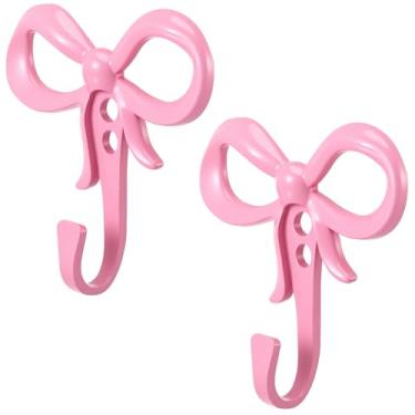 Imagem de Otoolling Pacote com 2 ganchos de parede pequenos com laço rosa para parede 6 cm decorativo, suporte de casaco, laço de metal, cabide de porta para chapéus, bolsas, toalhas de banho, casacos