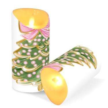 Imagem de ATTX Pacote com 2 velas sem chama para árvore de Natal com laço rosa - 7,6 cm x 9,9 cm de LED com controle remoto e temporizador para casa, casamento, decoração de acampamento #215