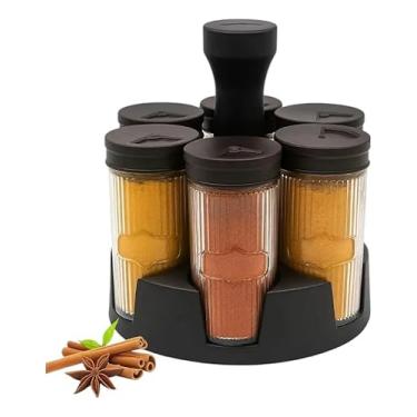 Imagem de Conjunto Porta Condimentos de Vidro com Suporte Giratório 6 Peças – Organizador de Temperos com Tampa Preta, Design Moderno para Cozinha
