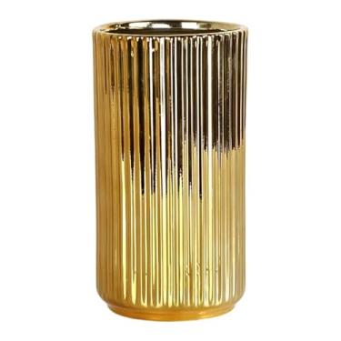 Imagem de Wswqop Vaso de cerâmica dourada para arranjos florais, suporte minimalista para plantas, vaso cilíndrico para escritório, prateleira interna, mesa lateral, 10cmx18.5cm