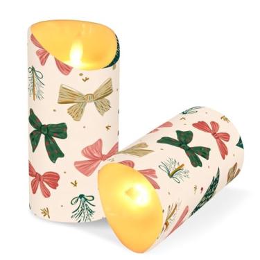 Imagem de ATTX Pacote com 2 velas de árvore de Natal com laços, velas sem chamas – 7,6 cm x 15 cm com controle remoto e temporizador para casa, casamento, decoração de acampamento #270