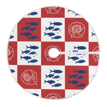 Imagem de Wassud Saia para árvore de Natal, peixes e conchas, xadrez, enfeites de Natal, tapete de árvore pequena para decoração de festa de ano novo, 91 cm