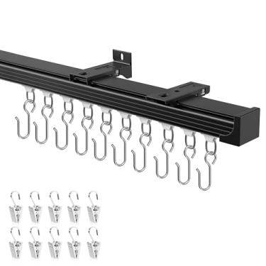 Imagem de Hei! dear Faixa de cortina preta de 4,6 a 5,5 m – suporte ajustável para teto/parede, sistema de trilho de cortina resistente com 60 rolos, 60 ganchos e 60 clipes, divisor de sala para cortinas