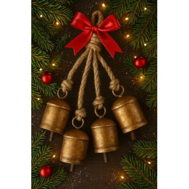 Imagem de Conjunto de sino de vaca rústico para pendurar – 4 sinos de harmonia revestidos de latão na corda de juta, presente de decoração de Natal e casamento chique gasto (10 cm, acabamento dourado)