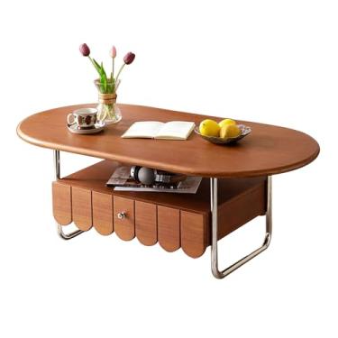 Imagem de Mesa de centro de madeira maciça com gaveta e prateleira de armazenamento, mesa de centro de fazenda, estilo moderno do século médio, mesa de centro para sala de estar, escritório em casa