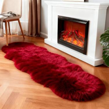 Imagem de linmopm Tapete de pele sintética, pele de carneiro, felpudo, fofo, vermelho, 6 x 1,8 m, tapetes para quarto, cabeceira, cama, chão, sala de estar, tapete de pelúcia de alta densidade, super capa de