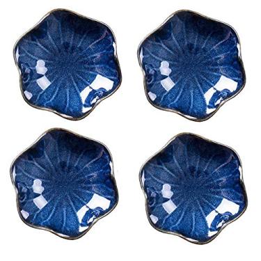 Imagem de KCHAIN Pacote com 4 tigelas de cerâmica azul para molho de soja, pratos laterais para lanche, sushi, frutas, aperitivo, sobremesa, 10 cm
