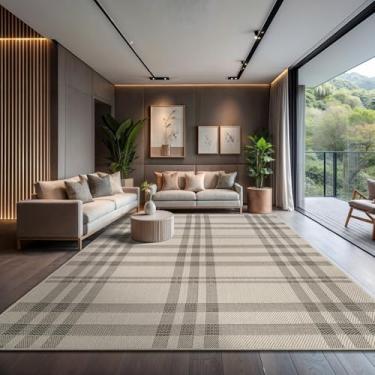 Imagem de CAMILSON Tapete de juta fácil 22 x 30 cm, tapete de fibra de cor branca esbranquiçado para sala de estar, pátio e sala de jantar, design de tecido boho xadrez, fácil de limpar, lavável tapete externo