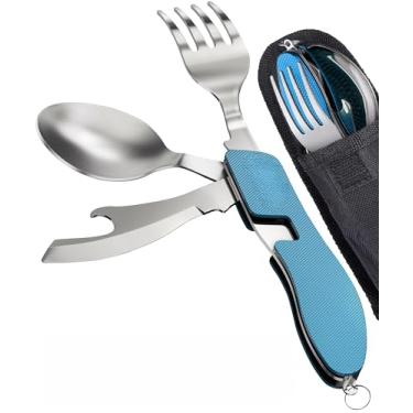 Imagem de Conjunto de equipamento de acampamento 4 em 1, colher, garfo, faca e abridor de garrafa de aço inoxidável portátil – viagem, mochilão