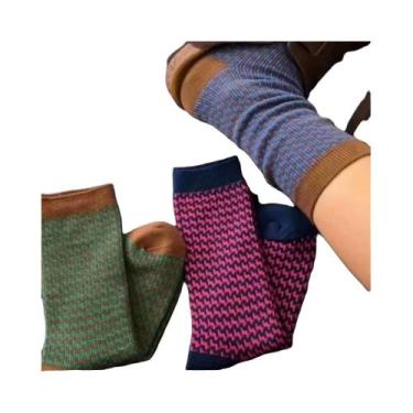 Imagem de Meias Femininas Vintage De Algodão Com Estampa Geométrica, Cano Médio,