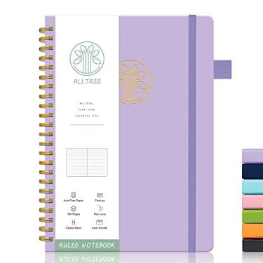 Imagem de Alltree Caderno de diário forrado, caderno espiral para trabalho, A5 médio, caderno espiral de capa dura com abas, laço para caneta, bolso, adesivos, 160 páginas, diário para mulheres e homens, roxo