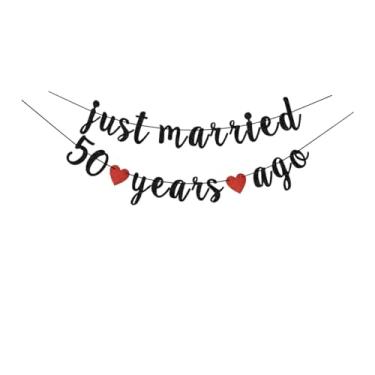 Imagem de SUBOOCA Banner Just Married 50 Years Ago, placa de papel preto para festa de aniversário de casamento feliz 50 anos pendurada suprimentos guirlandas pano de fundo
