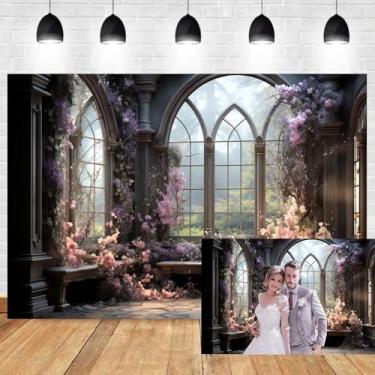Imagem de 3 x 2,4 m de fundo vintage para quarto de flores, jardim, roxo, floral, vintage, gótico, janela arqueada, fotografia, fundo, sonhador, romântico, casamento, chá de panela, decoração de aniversário
