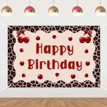 Imagem de Fundo de aniversário de cereja com estampa de leopardo, faixa de tecido com estampa de leopardo e decoração de cereja doce, fundo fotográfico de feliz aniversário para mulheres, meninas, tema coquete