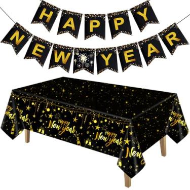 Imagem de PLULON 20Pcs Happy New Year Party Decorations 2023 Happy New Year Banner Plastic Tablecloth Black and Gold Party Balloons with Ribbon for Holiday Happy New Years Party Backdrop New Years Eve Supplies
