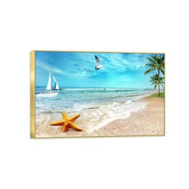 Imagem de Impressão em tela de paisagem de arte de parede com moldura dourada - Pássaros de barco de praia marítima - quadros de pintura de decoração para quarto 80 x 120 cm 31 x 47 pol