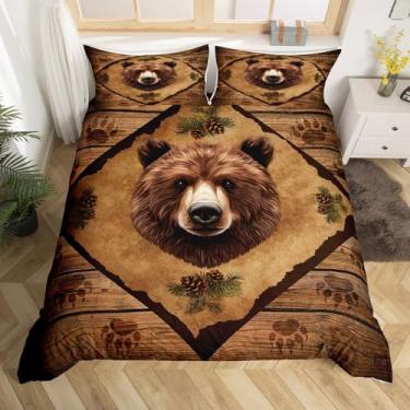 Imagem de Capa de edredom com cabeça de urso marrom, tamanho king, 3 peças, estampa de animais selvagens em aquarela 3D, conjunto de cama para crianças, adolescentes e adultos, listras de madeira com estampa de