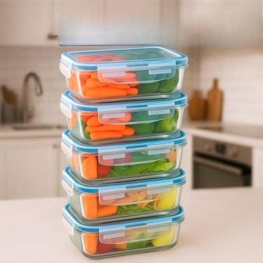 Imagem de Kit Potes de Vidro Hermético Retangular com Tampa 4 Travas para Mantimentos e Marmita(5,370ML)