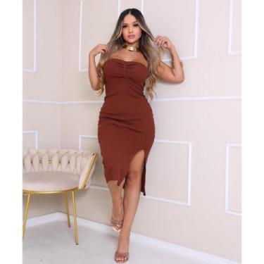 Imagem de Vestido Femenino sem alça Canelado Midi Tubinho Elegancia E Ousadia Un