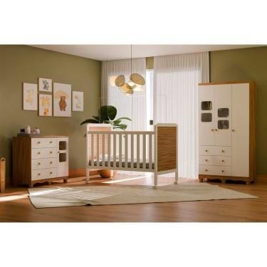Imagem de Quarto Infantil Completo 3 Peças (1GuardaRoupa+1Berço+1Cômoda) QI122 Branco/Amendoa - Peroba