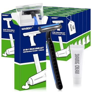 Imagem de MAGDIY Kit de creme de barbear descartáveis, pacote com 120 unidades para homens, lâminas duplas descartáveis e creme de barbear (10 g), artigos de higiene pessoal embalados individualmente para