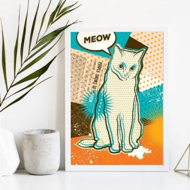 Imagem de Quadro Decorativo Gato Pop Art 45X34Cm Vidro Moldura Branc