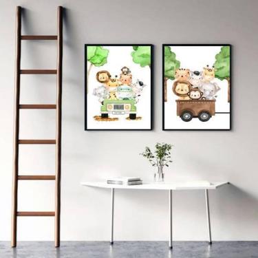 Imagem de Kit 2 Quadros Bichinhos Safari 33X24Cm Moldura Preta