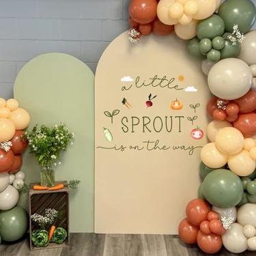 Imagem de Sinal de decalque de fundo de chá de bebê - Adesivos de parede de festa A Little Sprout is On The Way, decalques de fundo de arco de balão, decoração de quarto de berçário com tema de fazenda