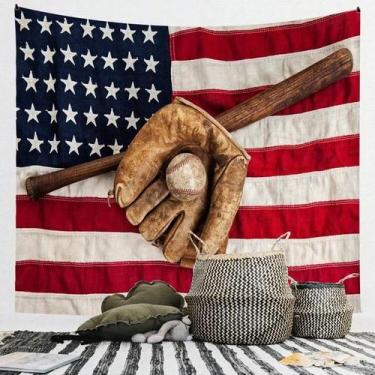 Imagem de Tapeçaria de beisebol para pendurar na parede, taco e bola vintage - y