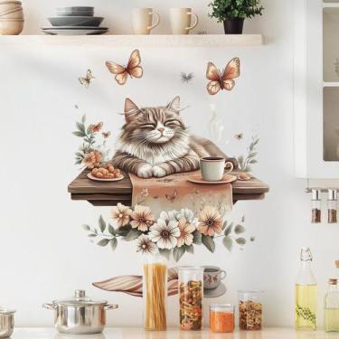Imagem de Adesivos de parede Cozy Cat com café e flores em PVC 40x30cm - yiweisa