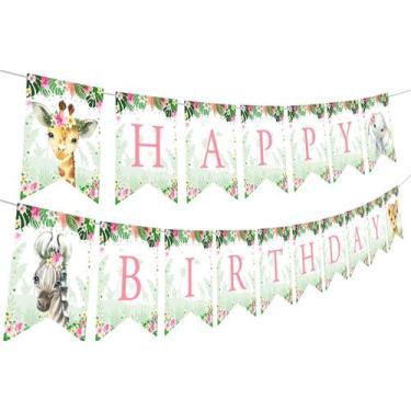 Imagem de Banner de aniversário Kreatwow Jungle Happy Birthday Girl Pink
