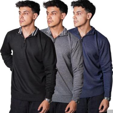 Imagem de Kit 3 Blusa Polo Meio Zíper Masculino Manga Longa 100 Poliéster Outono