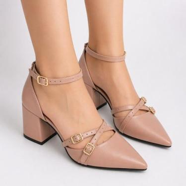 Imagem de Scarpin Sapato Feminino Slingback Salto Grosso Bico Fino Tiras de Five