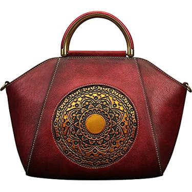 Imagem de Bolsas de couro genuíno para mulheres, alça superior organizadora bolsa média vintage em relevo totem bolsa de ombro marrom vermelho cinza, Bean Paste Red, Medium