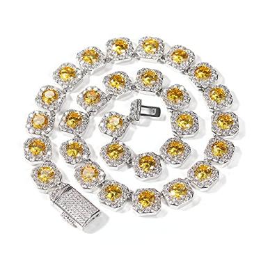 Imagem de Fantex Colar de corrente de tênis de diamante corte princesa rosa brilhante e amarelo 18K, joia com pingente banhado a ouro hip hop gelo para homens e mulheres, Cobre, Zircônia cúbica