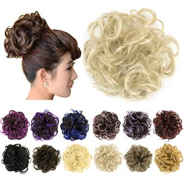 Imagem de IMISSU 2PCS de cabelo bagunçado coque updo scrunchies falsos rabo de cavalo extensão de cabelo ondulado encaracolado chignon faixa de cabeça para meninas (2PCS Loira Suja)