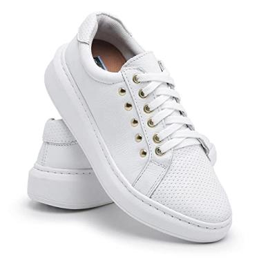 Imagem de Tênis Casual Feminino Couro Liso Cadarço Dia a Dia Conforto Branco 35