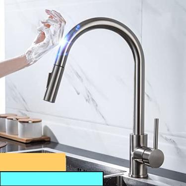 Imagem de Torneira misturadora de cozinha de toque quente e frio em casa branco pull out torneiras misturadoras de cozinha toque sensível inteligente torneiras de pia de cozinha, toque, escovado