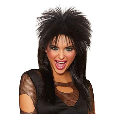 Imagem de Dreamgirl Peruca de roqueiro preto para adultos, peruca longa de tainha preta dos anos 80 para homens e mulheres, acessório de fantasia de Halloween - padrão, Preto, tamanho nico
