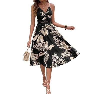 Imagem de Camisa Feminina Tropical Print Guipure Lace Insert Cami Dress (Color : Black, Size : X-Small)