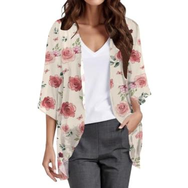 Imagem de Camisa feminina havaiana estampa floral manga bufante 3/4 verão leve chiffon quimono cardigã blusa casual, #A7 Bege, GG