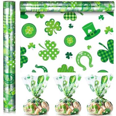 Imagem de Gueevin Papel de embrulho de celofane para o Dia de São Patrício, 30,5 m x 40,6 cm, 2,5 mil, presente irlandês, presente de São Patrício, transparente para presente de São Patrício, doces,